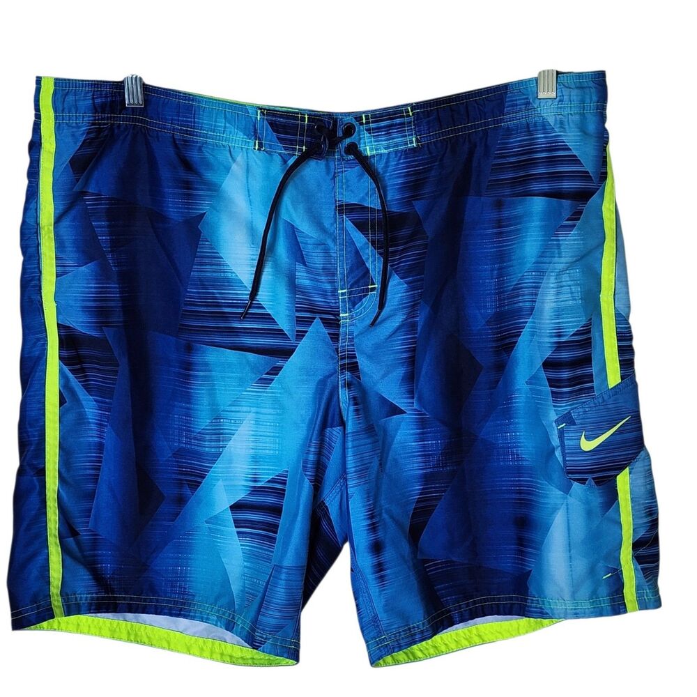 Nike Swim Trunks Men's XL Blue Geometric Shorts Swimwear Mesh Lining Pockets